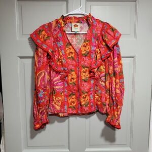 Farm rio Blouse Women Size small spring banana floral ruffle  puff sleeve boho‎
